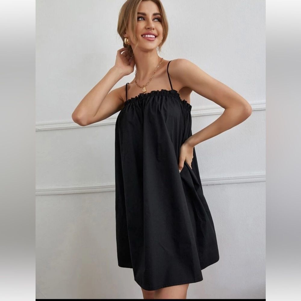 SHEIN Essnce Solid Frill Trim Cami Dress Black Size XXS Petite
